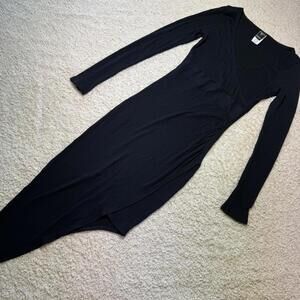 Windsor Black Ribbed Asymmetrical Long Sleeve Midi Dress SMALL